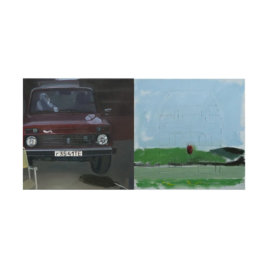 Image of Niva.Pechorna (diptych) by Adriana Shportan, size: 30.5x63cm, made of oil on canvas, Painting medium, from London, part of the “When It Is Our Turn to Be Adults” series, priced at £600