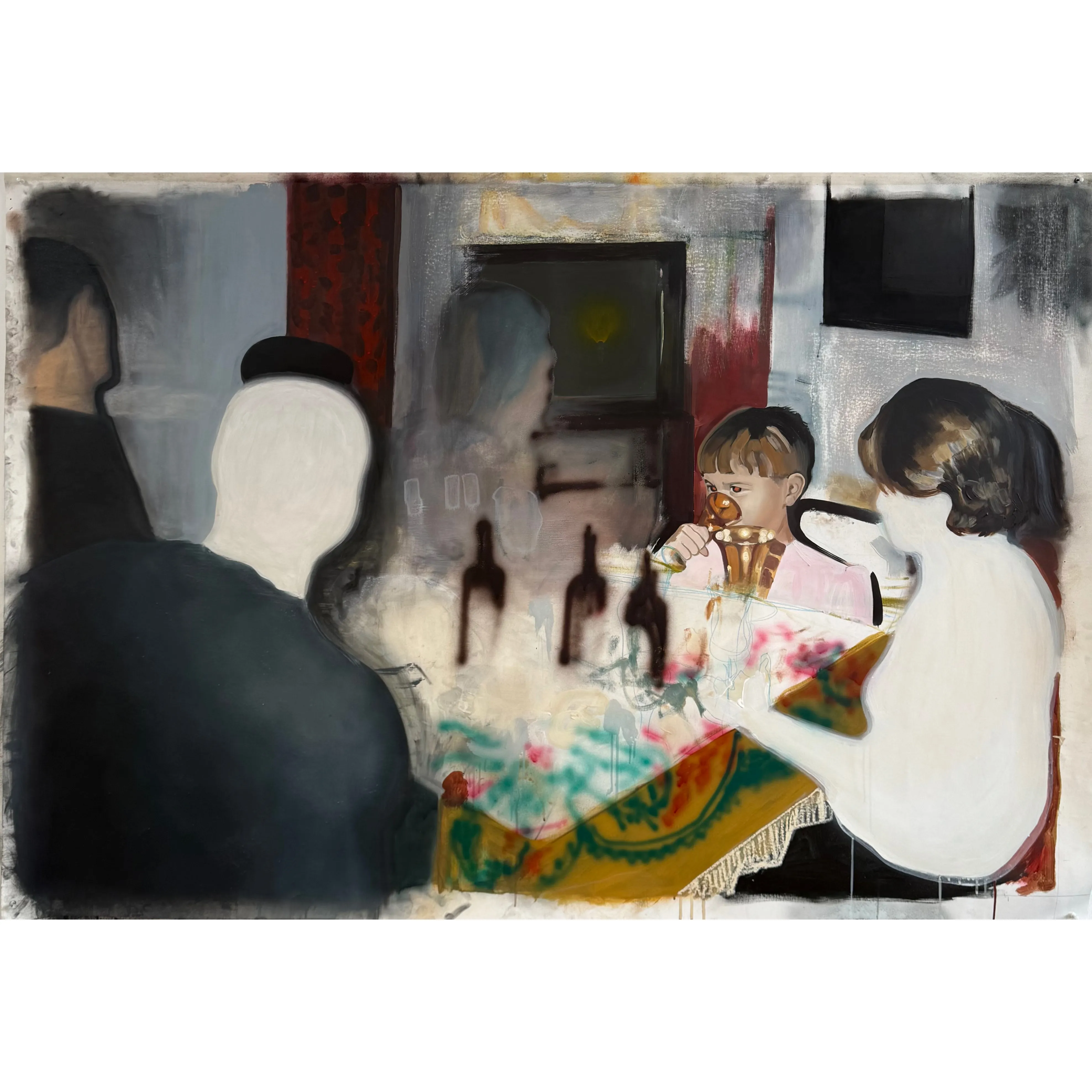 Image of New Year by Adriana Shportan, size: 100x150cm, made of oil, acrylic, spray on canvas, Painting medium, from London, part of the “When It Is Our Turn to Be Adults” series, priced at £4000 Photo 1 of 2.
