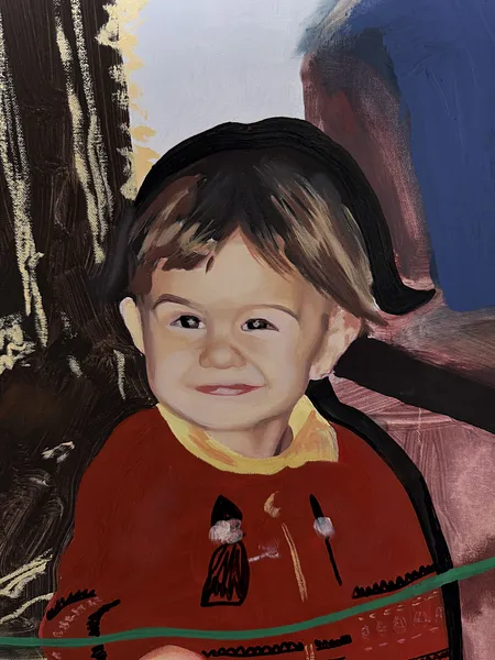 Image of Hide and seek by Adriana Shportan, size: 157x115, made of oil, acrylic, spray on canvas, from London, priced at £2500 Photo 2 of 6.