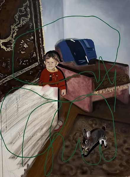 Image of Hide and seek by Adriana Shportan, size: 157x115, made of oil, acrylic, spray on canvas, from London, priced at £2500 Photo 6 of 6.